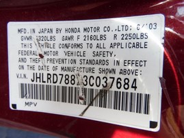 2003 Honda CR-V EX Burgundy 2.4L AT 4WD #A24893